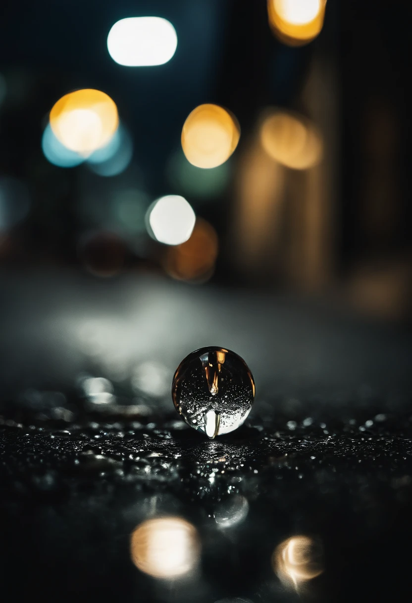 A macro shot a tiny rain drop falling through the air about to hit the concrete, a reflection of a downtown street at night shines in the raindrop, shallow depth of field, photorealistic