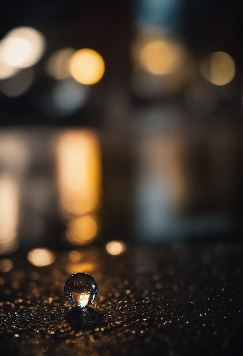 A macro shot a tiny rain drop falling through the air about to hit the concrete, a reflection of a downtown street at night shines in the raindrop, shallow depth of field, photorealistic