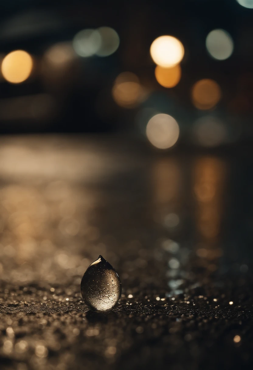 A macro shot a tiny rain drop falling through the air about to hit the concrete, a reflection of a downtown street at night shines in the raindrop, shallow depth of field, photorealistic