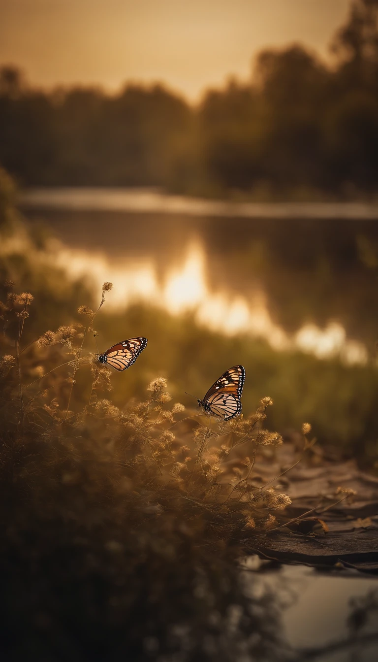 Beautiful energy art that gives power to those who see it。Landscape Images。butterflies dancing on the riverside。Fantastical。Dreamy。Fantasia。