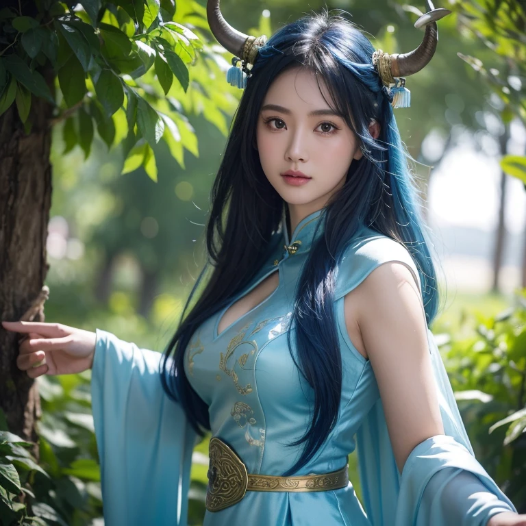 Fantasy novels,faeries, Valkyrie, ancient kingdom of the east, Chinese woman,Hot busty cheongsam beauty CG animation,Da Asa AW Photos,8k ultra high definition,digital SLR camera,gentlesoftlighting,High detail RAW color photos professional photos,(Soft studio lighting,volumetric shadow),Natural soft light,hardfocus,filmgrain,depth of fields,highly contrast light,high high quality,filmgrain,(tmasterpiece:1.5),Best quality at best,high high quality,真实感,(detailedbackground:1.2),Blue hair has two horns fantasy novel wonderland background elements