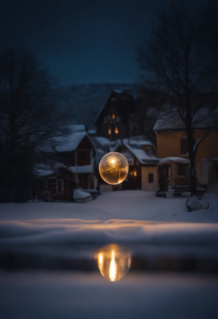 A frozen bubble resting in the snow showing a reflection of a cozy little village at night, macro shot, intricate detsil