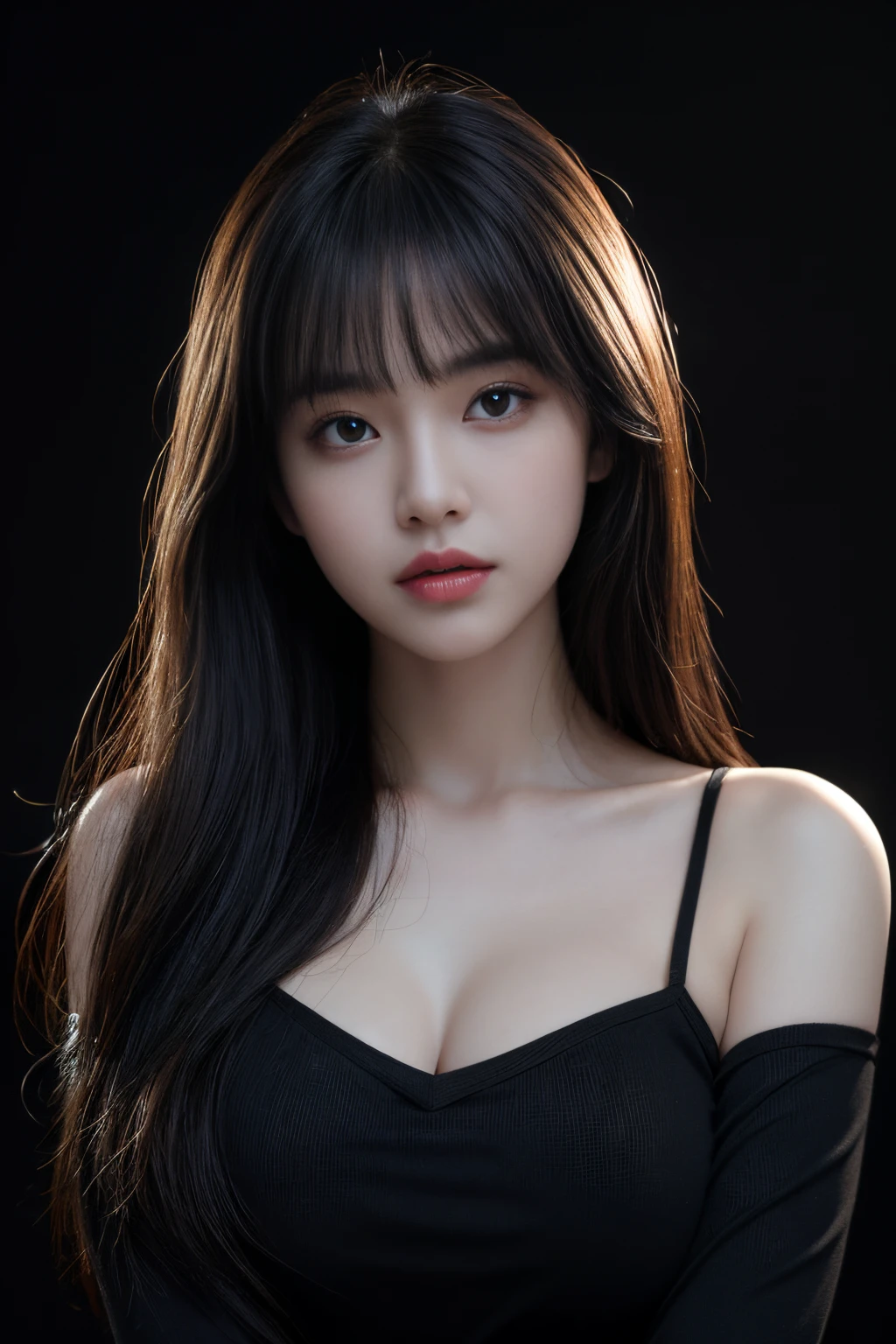 Best Quality, Masterpiece, Perfect Body Beauty, cinematic lighting,   black shirt, Highly detailed face and skin texture, Detailed eyes, whitening skin, perfect face, ((huge breast)), looking at viewer, ((Dark background)), open mouse, straight Bangs, long hair,