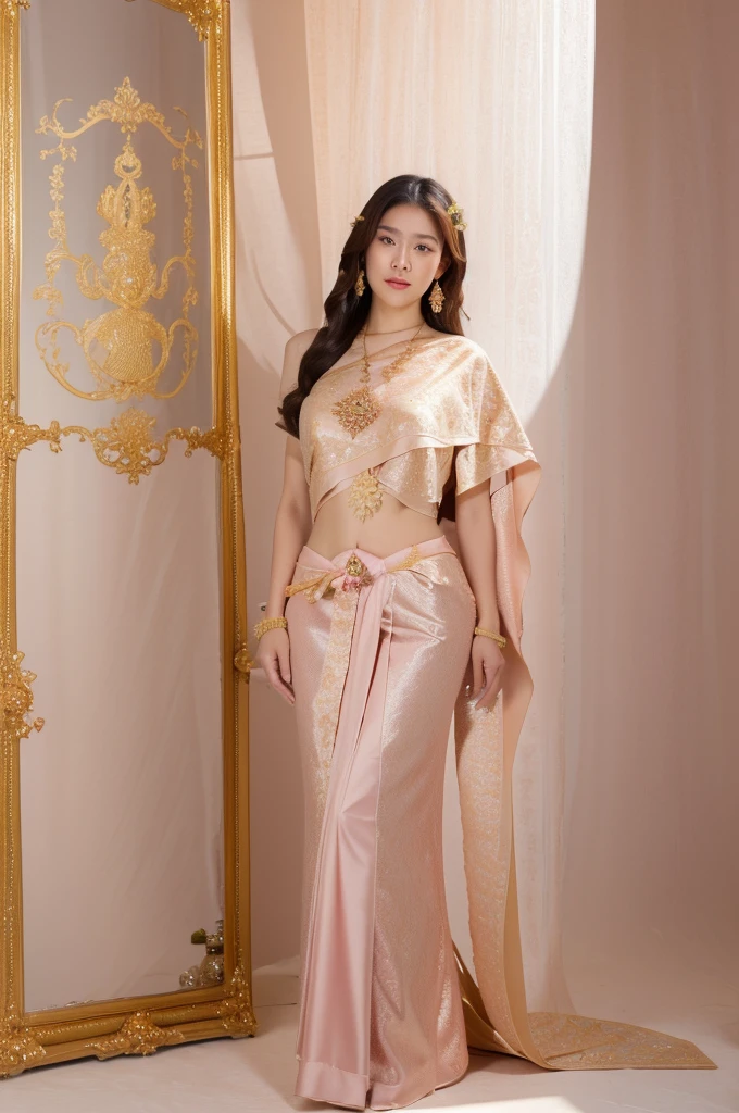 (Realistic),(master-piece:1.2), (bestquality:1.2),looking at the audience,(((See the whole body...))), Beauty Girl, proportional body, large boobs. breast augmentation, emphasis on breasts,long shot, (Comfortable pink),(jewelry:1.1),long-haired, (Golden Bird Pattern)
, Traditional Thai costumes ,Complete jewelry, Revealing the belly