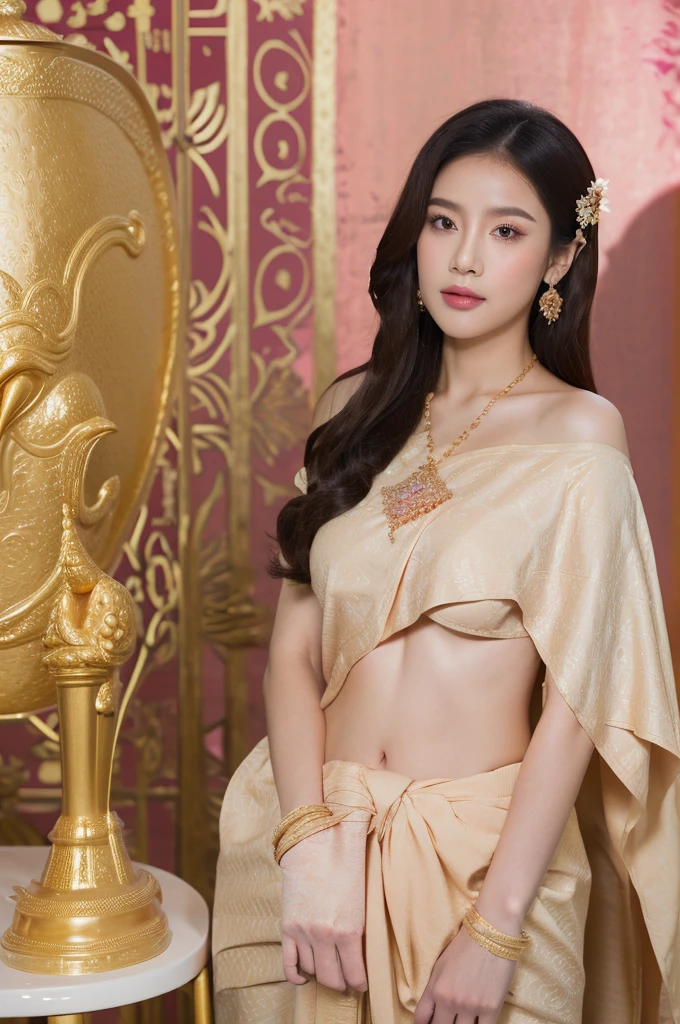(Realistic),(master-piece:1.2), (bestquality:1.2),looking at the audience,(((See the whole body...))), Beauty Girl, proportional body, large boobs. breast augmentation, emphasis on breasts,long shot, (Comfortable pink),(jewelry:1.1),long-haired, (Golden Bird Pattern)
, Traditional Thai costumes ,Complete jewelry, Revealing the belly