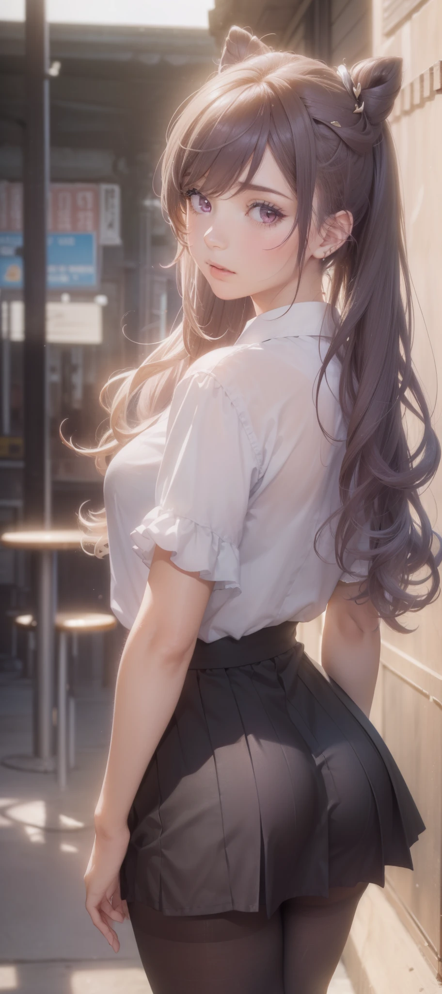 (1girl:1.3), (photorealistic:1.4), (masterpiece, top quality, best quality, official art), extreme detailed, highest detailed, (ultra-detailed), ((an extremely delicate and beautiful)), cinematic light,  contemporary, 
silky long hair, 
she standing at the station, in evening, 
shirt, long skirt, pantyhose, 
upper body, from above, 
shy, blush, (looking back:1.4),  (skirt lift:1.4),