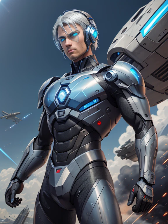 8K, Best Quality, Masterpiece, Ultra High Resolution, (Realism: 1.4),
 Men, in futuristic clothes,
High-tech combat suit, cold face, (blue pupils), ((blue crystal eyes)), red laser beam,
holding holographic projection shield, black cloud, lightning, aerial battlefield background, falling plane, armored vehicle, flying anti-aircraft missile, exploding flames, mechanically built bird, real person, real face, cool,
 Perfect Cyborg Wearing Sci-Fi Headset, Cool Man, Cyborg, Silver Hair, Manipulator, CG,