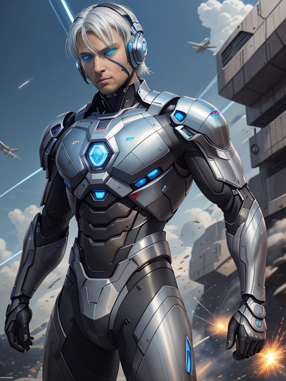 8K, Best Quality, Masterpiece, Ultra High Resolution, (Realism: 1.4),
 Men, in futuristic clothes,
High-tech combat suit, cold face, (blue pupils), ((blue crystal eyes)), red laser beam,
holding holographic projection shield, black cloud, lightning, aerial battlefield background, falling plane, armored vehicle, flying anti-aircraft missile, exploding flames, mechanically built bird, real person, real face, cool,
 Perfect Cyborg Wearing Sci-Fi Headset, Cool Man, Cyborg, Silver Hair, Manipulator, CG,