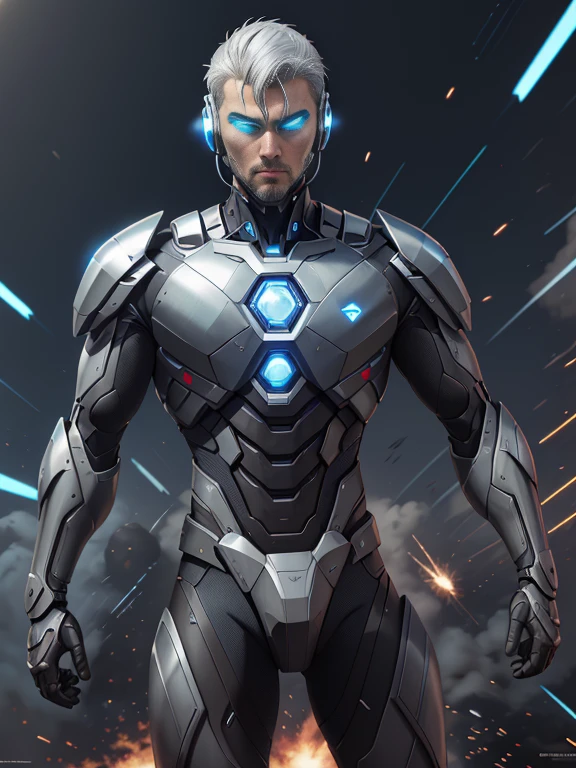 8K, Best Quality, Masterpiece, Ultra High Resolution, (Realism: 1.4),
 Men, in futuristic clothes,
High-tech combat suit, cold face, (blue pupils), ((blue crystal eyes)), red laser beam,
holding holographic projection shield, black cloud, lightning, aerial battlefield background, falling plane, armored vehicle, flying anti-aircraft missile, exploding flames, mechanically built bird, real person, real face, cool,
 Perfect Cyborg Wearing Sci-Fi Headset, Cool Man, Cyborg, Silver Hair, Manipulator, CG,