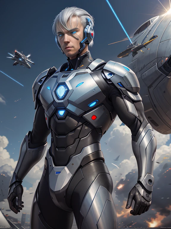 8K, Best Quality, Masterpiece, Ultra High Resolution, (Realism: 1.4),
 Men, in futuristic clothes,
High-tech combat suit, cold face, (blue pupils), ((blue crystal eyes)), red laser beam,
holding holographic projection shield, black cloud, lightning, aerial battlefield background, falling plane, armored vehicle, flying anti-aircraft missile, exploding flames, mechanically built bird, real person, real face, cool,
 Perfect Cyborg Wearing Sci-Fi Headset, Cool Man, Cyborg, Silver Hair, Manipulator, CG,