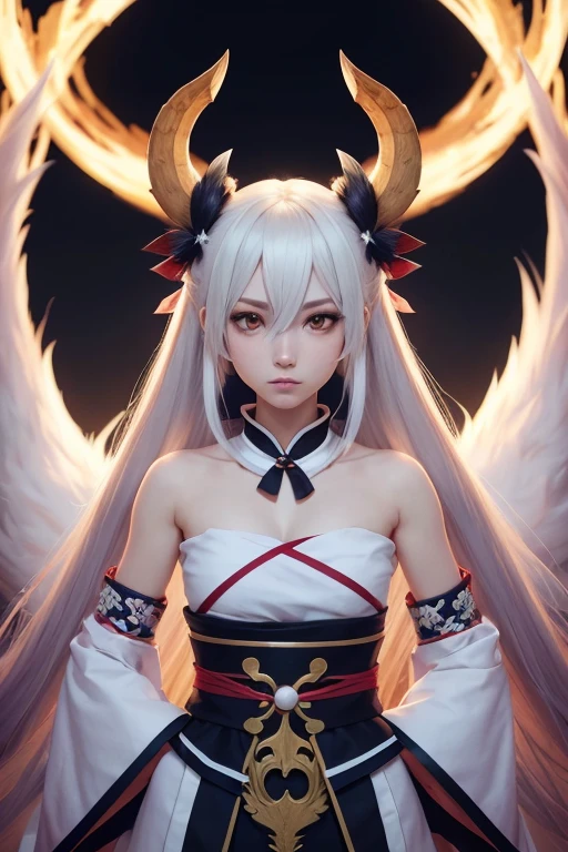 anime - imagen de estilo de una mujer con cabeza de cabra y una espada, un retrato de personaje por Shitao, Ganador del concurso Pixiv, Arte peludo, Arte detallado de Onmyoji, Armadura inspirada en Kitsune, Retrato de Onmyoji, Chica de anime demonio, Deidad de pelo blanco, fanart detallado, Onmyoji, Personaje de anime; Arte de cuerpo completo, Arte detallado del anime digital, tatuajes oni, pecho descubierto,mirada felina