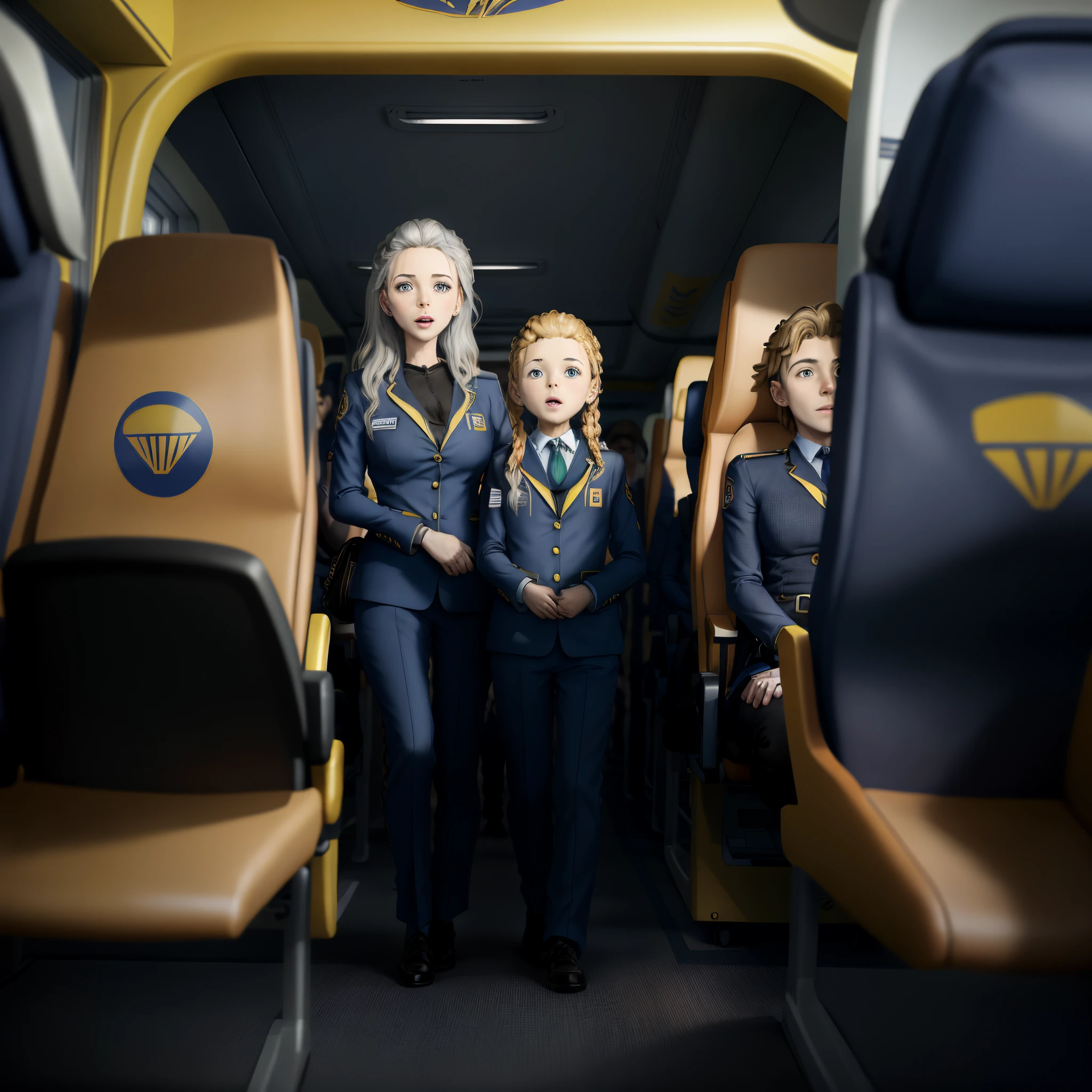 Criar imagem estilo pixar, inside a Ryanair plane, azul e amarelo, with a uniformed flight attendant, black commissioner, cabelo crespo, alto em cima e curto nas laterais, sobrancelhas grossas. many children (s) em volta, nas poltronas, applauding and shouting the commissioner, Mr. Ryanair
