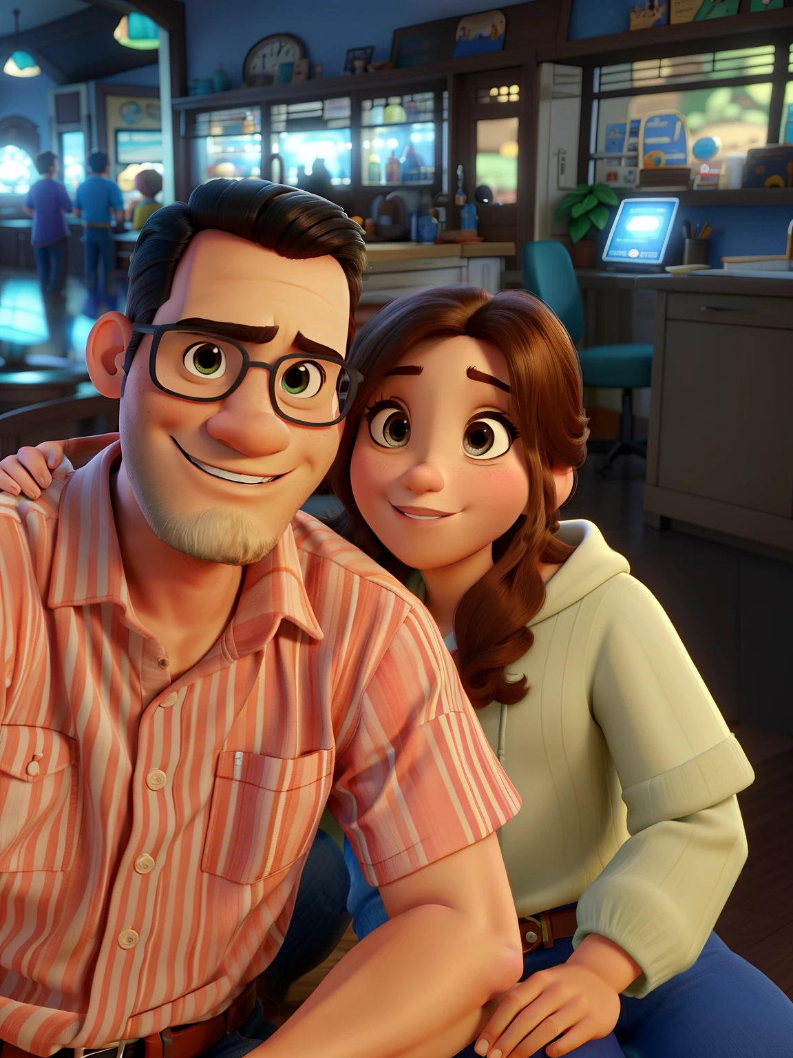 Casal estilo disney pixar melhor qualidade alta qualidade. Homem moreno cabelo comprido crespo barba e mulher loira olhos azuis cabelos longos lisos