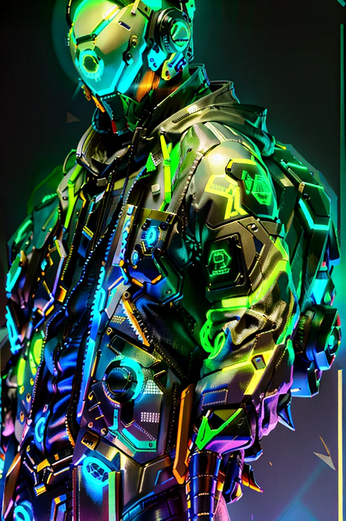 Jacket marks turn into neon blue triangles, Add a realistic Daftpunk-style cybernetic helmet, mas mais robusto e intimidante