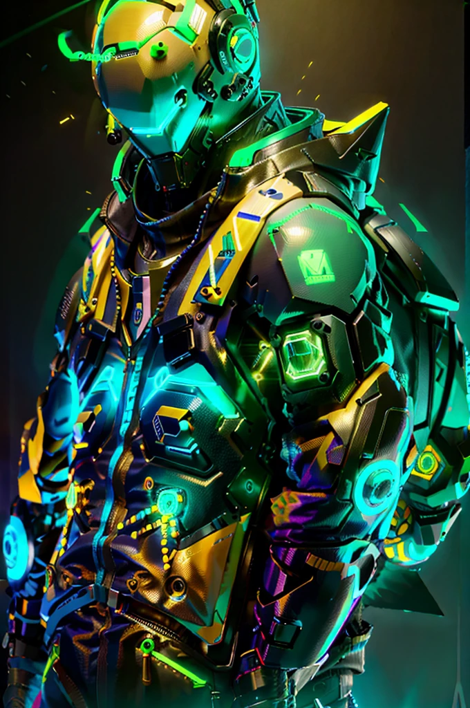 Jacket marks turn into neon blue triangles, Add a realistic Daftpunk-style cybernetic helmet, mas mais robusto e intimidante