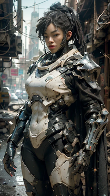 ((best quality)), ((masterpiece)), ((realistic)), (detailed), (photorealistic: 1.5), BEARDED BLACK MAN, (thick body), (white and black suit), lights on armor, cybernetic clothing, looking at the viewer, dynamic pose, post-apocalyptic, destroyed city background, burning buildings, science fiction, hdr, ray tracing, nvidia rtx, super-resolution, unreal 5, subsurface scattering, pbr texturing, post-processing, anisotropic filtering, depth of field, clarity and  maximum sharpness, rule of thirds, 8k raw, (luminescent particles: 1.4), (extremely detailed cg, unity 8k wallpaper, 3D, cinematic lighting, lens flare), reflections, sharp focus, cyberpunk art, cyberpunk architecture,