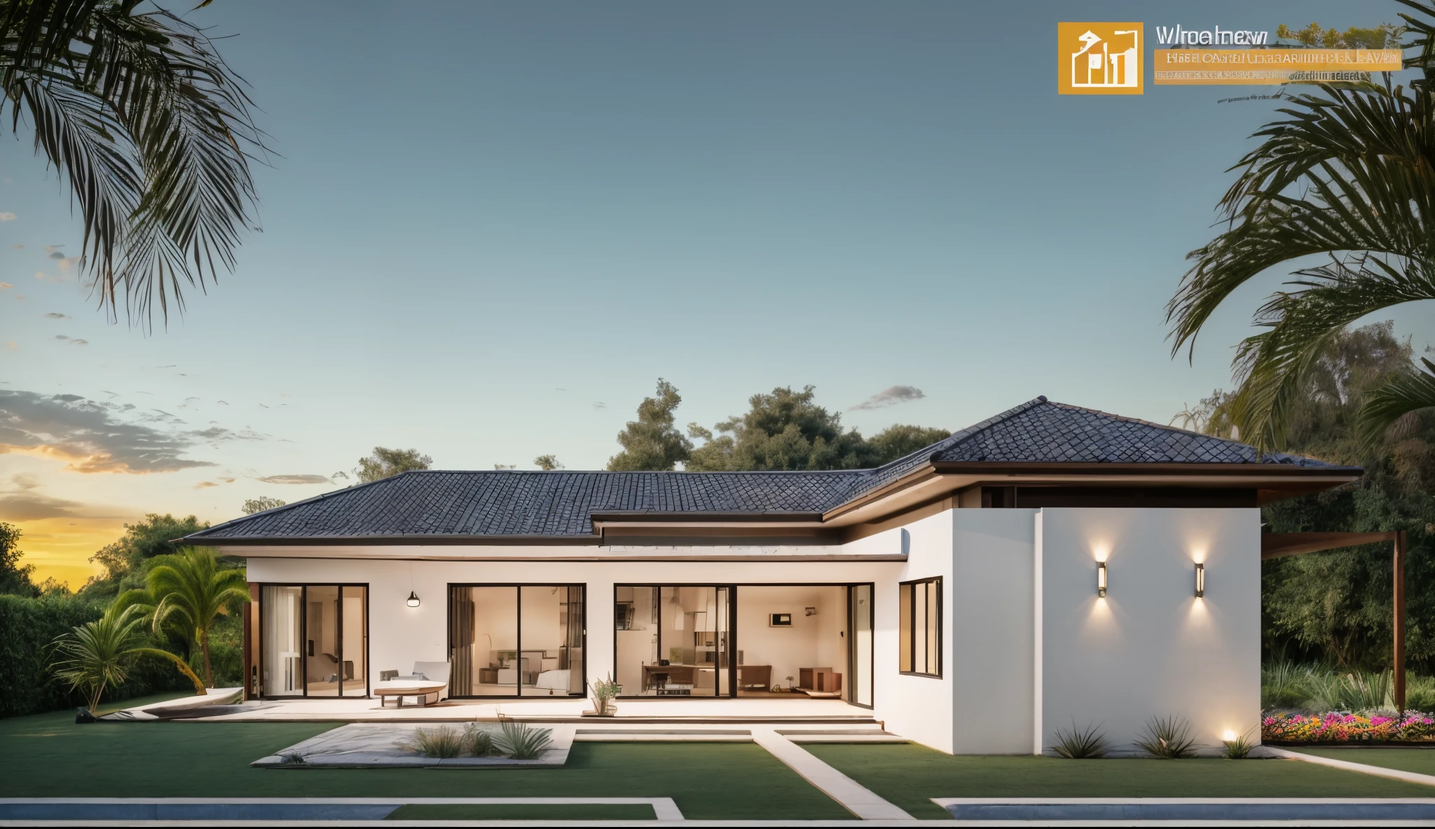 RAW photo,Masterpiece, high quality, best quality, authentic, super detail,
outdoors, homestay style modern in countryside  with dark tile roof, white wall, galss windows, indoors furniture,chimney,
tropical garden, Garden and walkway in front 
daylight,soft light, trees, blue sky