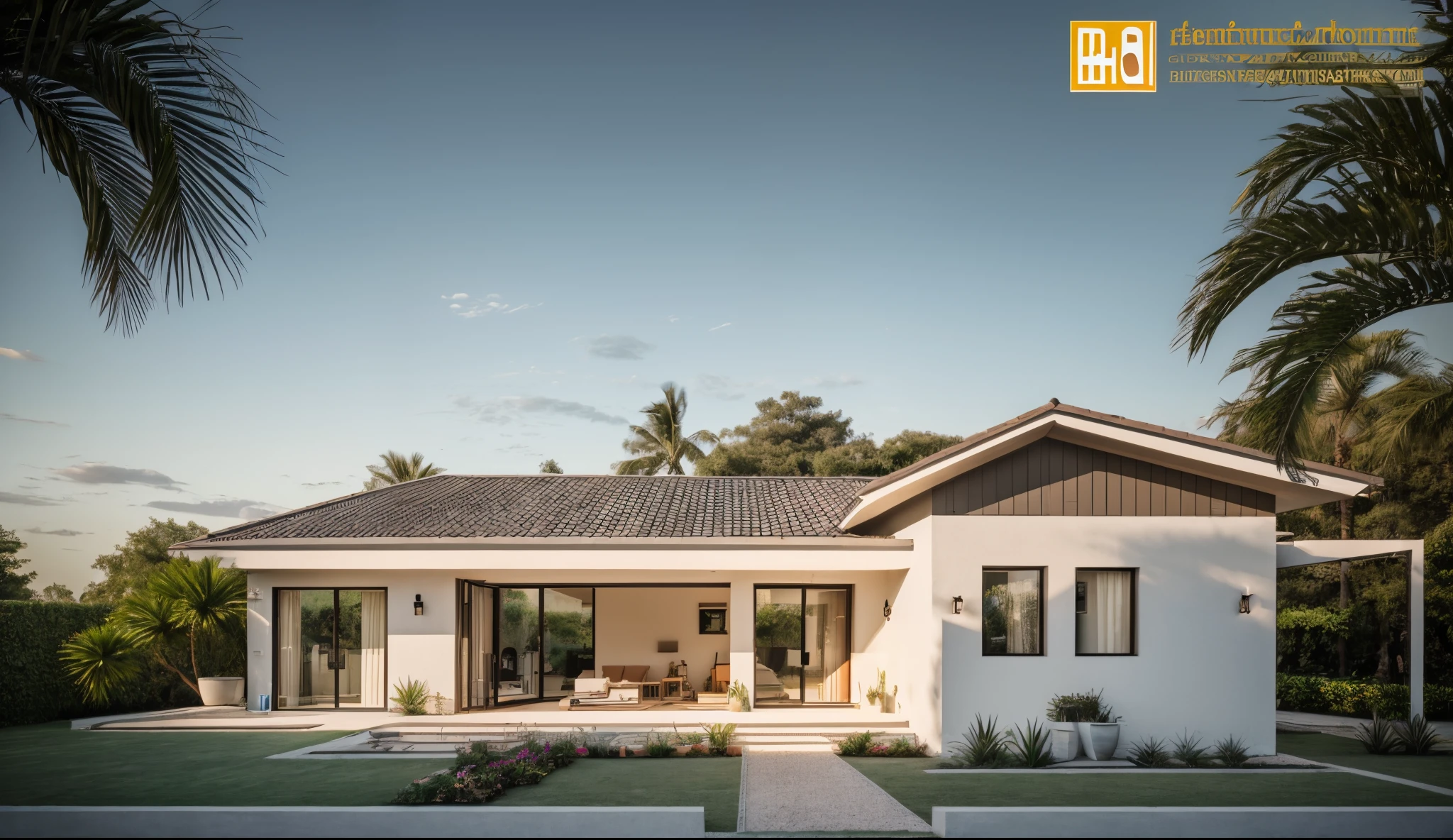 RAW photo,Masterpiece, high quality, best quality, authentic, super detail,
outdoors, homestay style modern in countryside with dark tile roof, white wall, galss windows, indoors furniture,chimney,
tropical garden, Garden and walkway in front
daylight,soft light, trees, blue sky