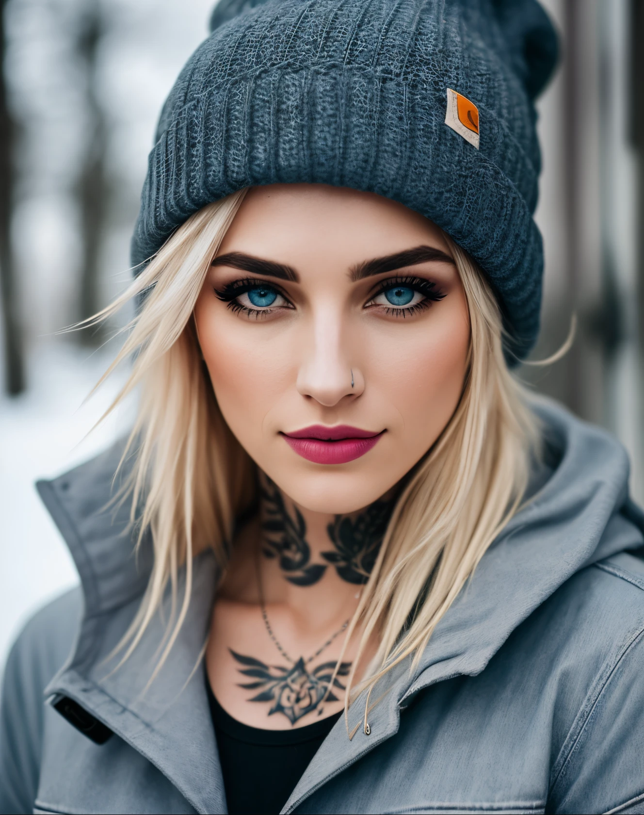 a photo of an Exquisitely beautiful white skin woman with messy blonde hair, 20 yo, (tomboy), (wearing Carhartt work coat, and beanie), eye focus, (highly detailed skin), clothed, standing outside on cold winter day, Athletic physique, voluptuous breasts, bare breasts, (a small breast tattoo:1.4), plump ass, perfect face, alluring eyes, perfect iris, (makeup), skin pores, (very light freckles:0.4), (nose piercing:0.6), film grain, photographed on a Canon EOS 5D, ((full body))