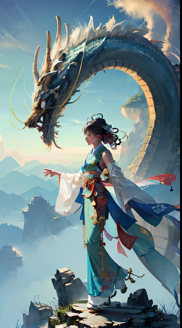 Chinese style, masterpiece, best quality, super detailed, , high contrast, a blue Chinese dragon looks down on the girl, the girl looks at the dragon, fairy mountains, clouds and mist, Chinese style