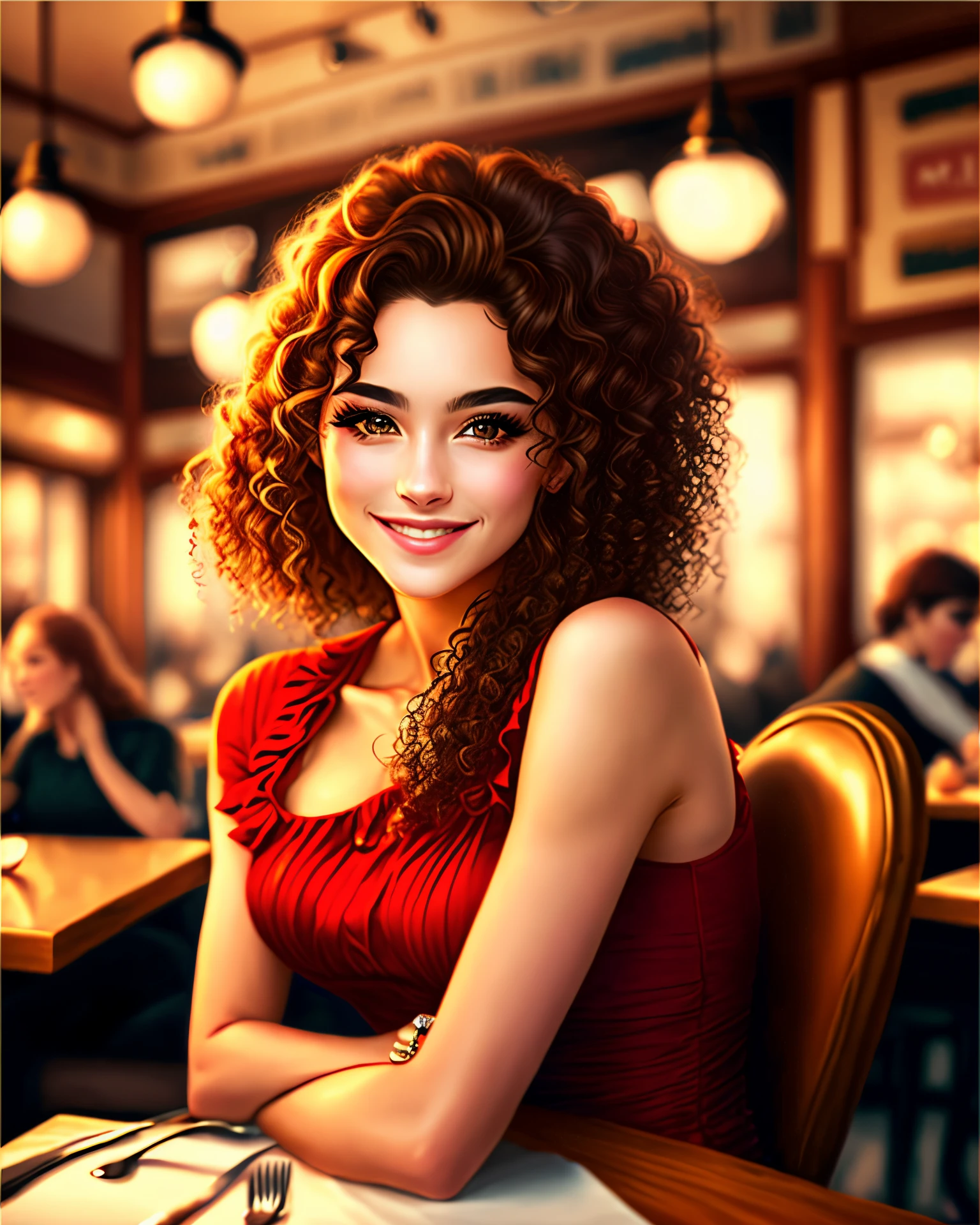Beautiful woman with brown eyes and long, styled hair with curls wearing a red dress with a serious smile in a realistic style restaurant