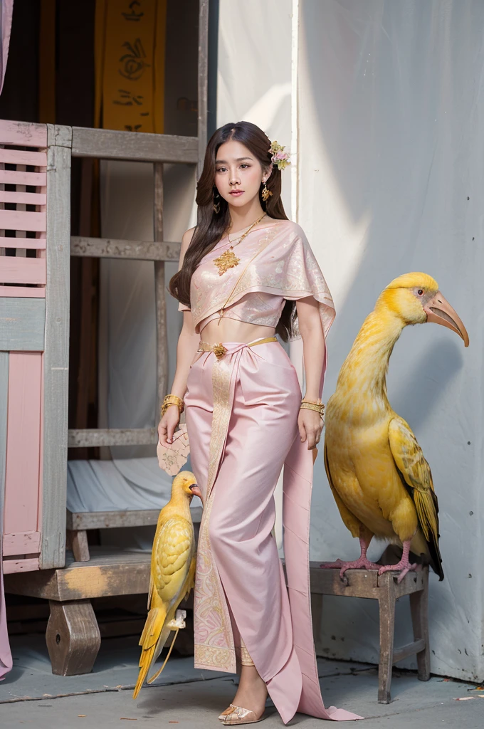 (Realistic),(master-piece:1.2), (bestquality:1.2),looking at the audience,(((See the whole body...))), Beauty Girl, proportional body, large boobs. breast augmentation, emphasis on breasts,long shot, (Comfortable pink),(jewelry:1.1),long-haired, (Golden Bird Pattern)
, Traditional Thai costumes ,Complete jewelry, Revealing the belly