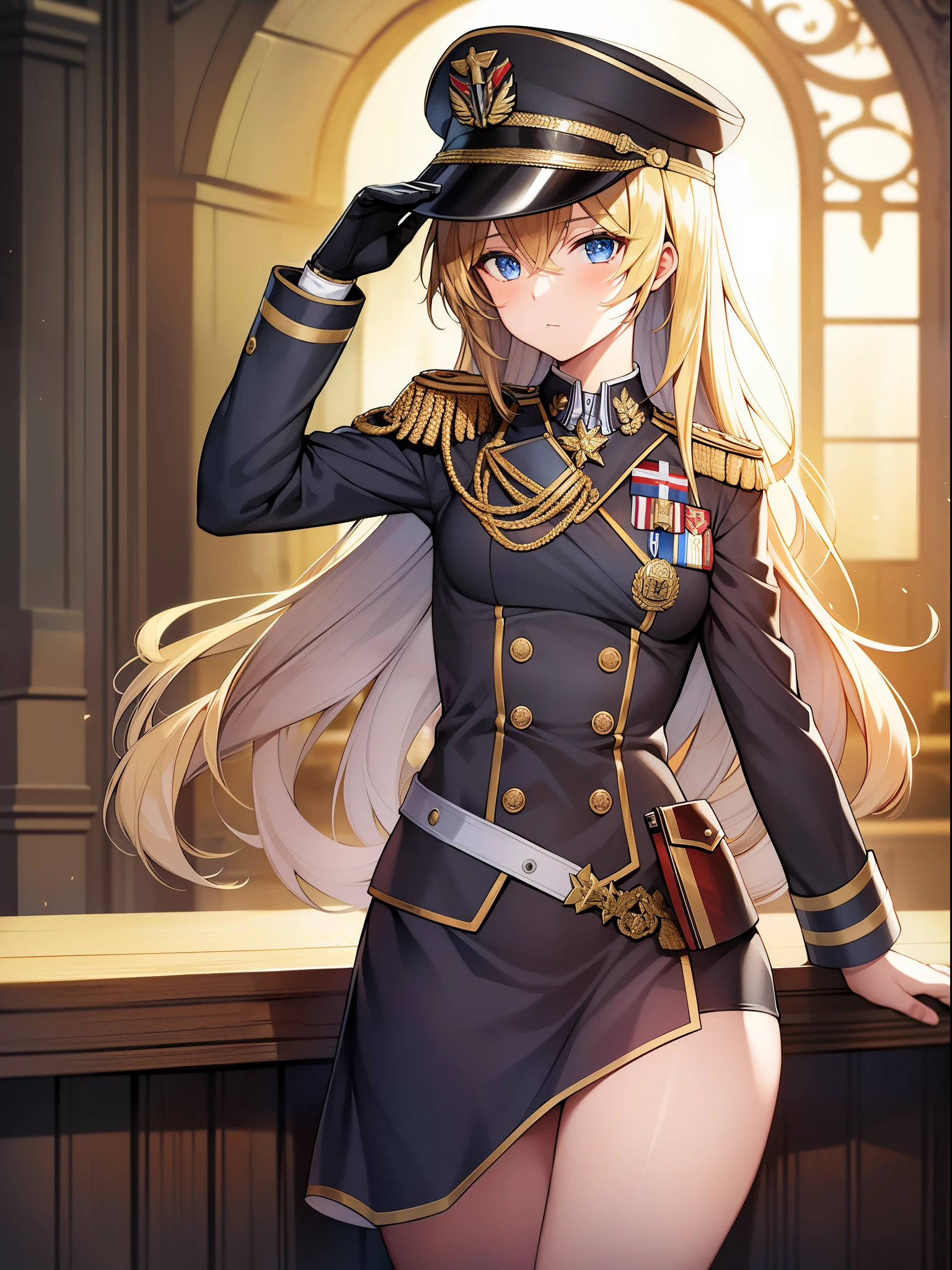 (masterpiece, best quality:1.1), 1girl solo, tanya, 1girl, solo, petite, flat chest, small breasts, curvy, military, military uniform, salute