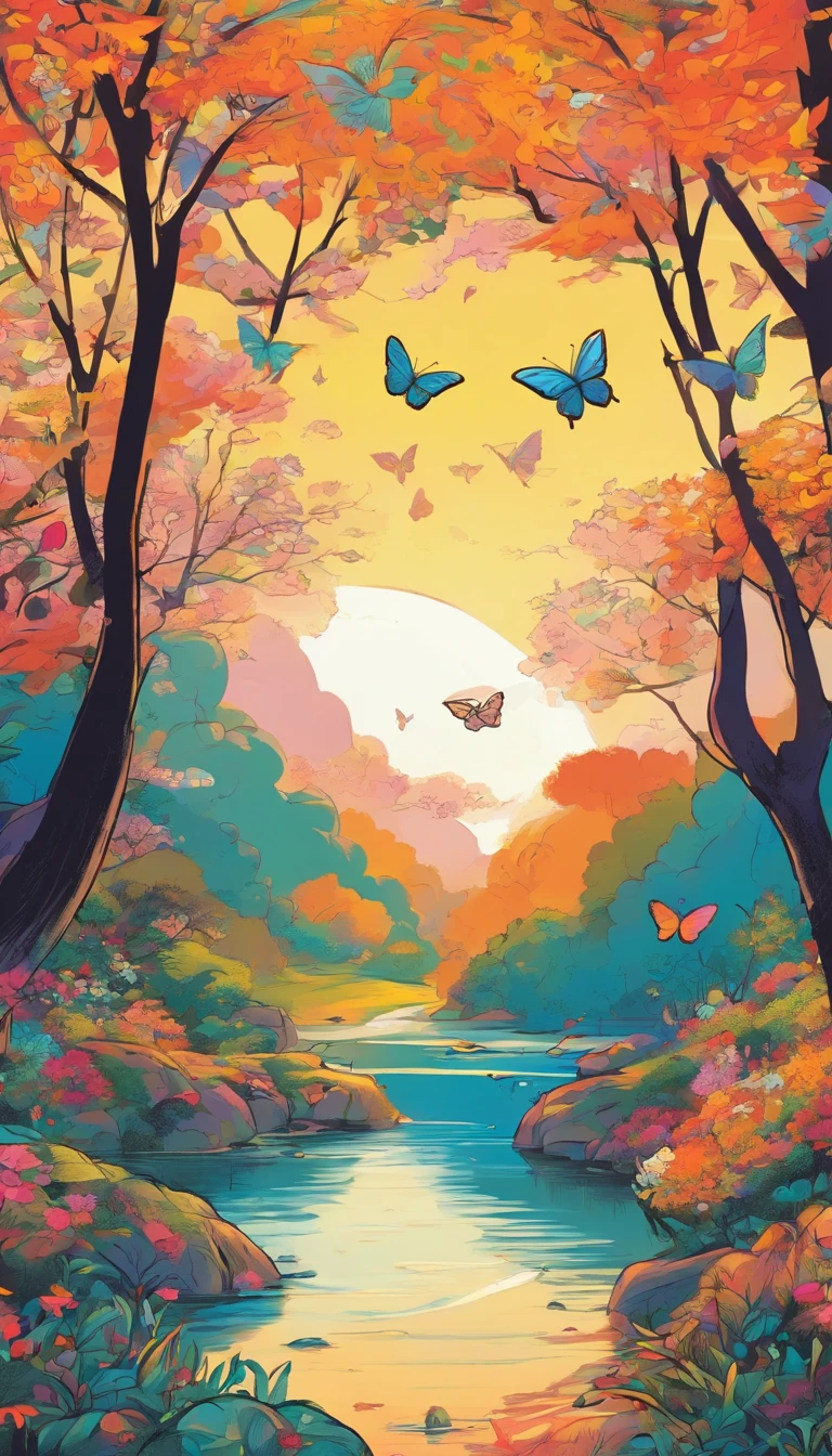 Beautiful energy art that gives power to those who see it。Landscape Images。butterflies dancing on the riverside。Fantastical。Dreamy。Fantasia。