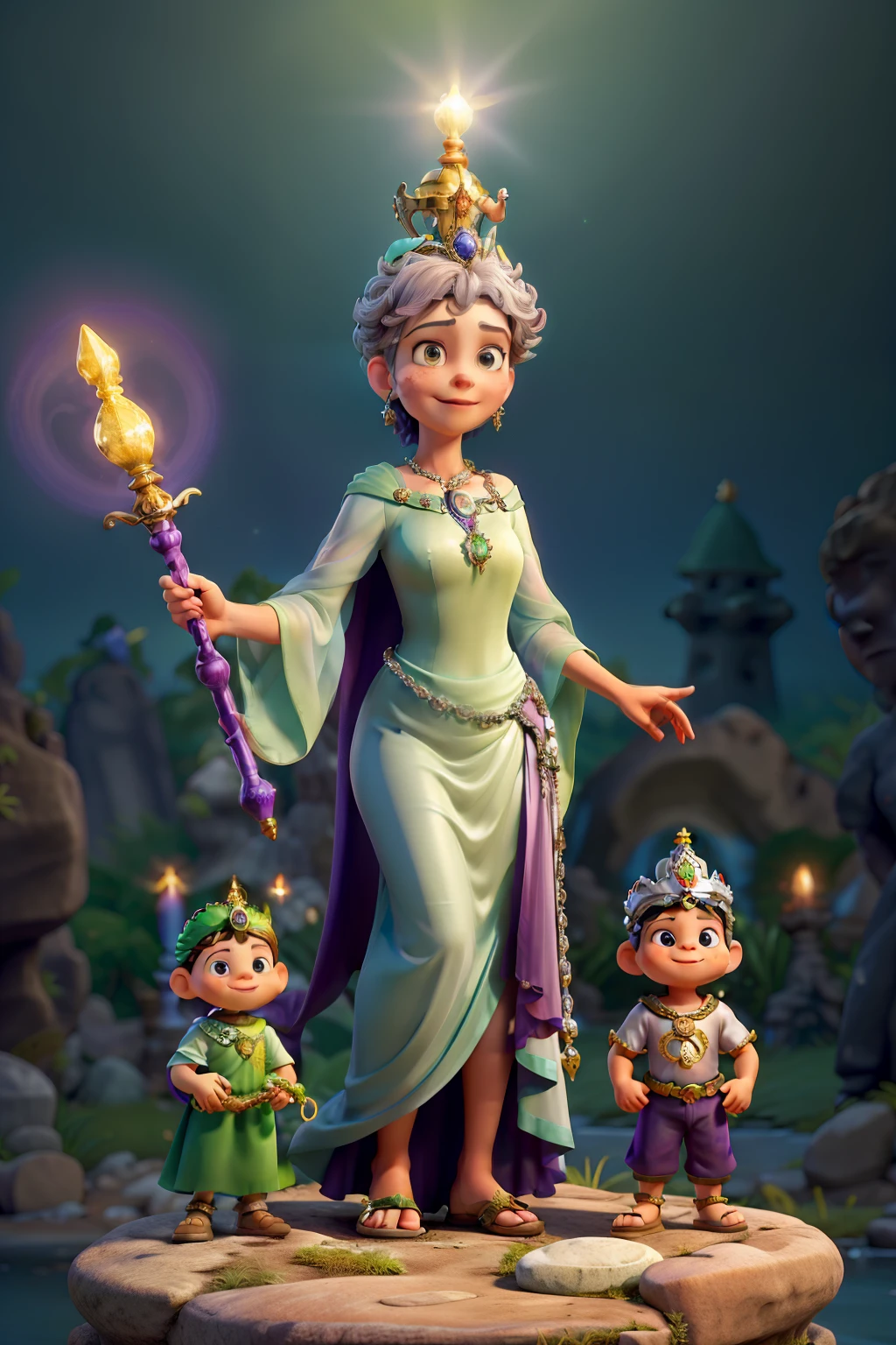 Uma senhora, in a long green dress with purple sleeves with a large silver crown on her head, holding in his right hand a  with a halo and in his left hand a silver scepter and standing on top of a stone surrounded by angels with a blue cape with a brown back.