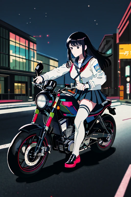 masterpiece, best quality, 1girl, solo, jacket, hand in pocket, school uniform, serafuku, thighhighs, school bag, black hair, black eyes, cyberpunk, street, machinery, motor vehicle, motorcycle, panorama, helmet, speed line, motion blur, depth of field, perspective, panorama, riding, floating hair, night, neon trim