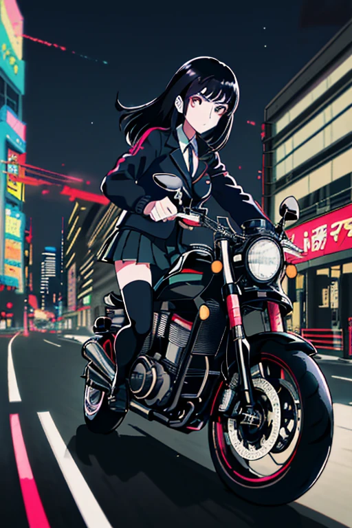 masterpiece, best quality, 1girl, solo, jacket, hand in pocket, school uniform, serafuku, thighhighs, school bag, black hair, black eyes, cyberpunk, street, machinery, motor vehicle, motorcycle, panorama, helmet, speed line, motion blur, depth of field, perspective, panorama, riding, floating hair, night, neon trim