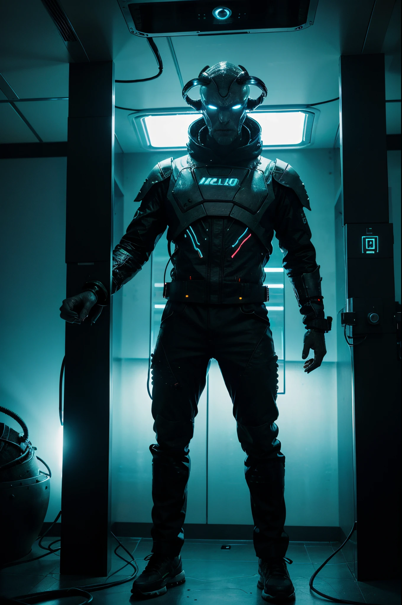 Male monster Alien warlord leader, large, scary, with wires connected to his head, in a futuristic spaceship with neon lights, standing, facing camera, upper body, (((well lit))), clear features, highly realistic -neg not human looking