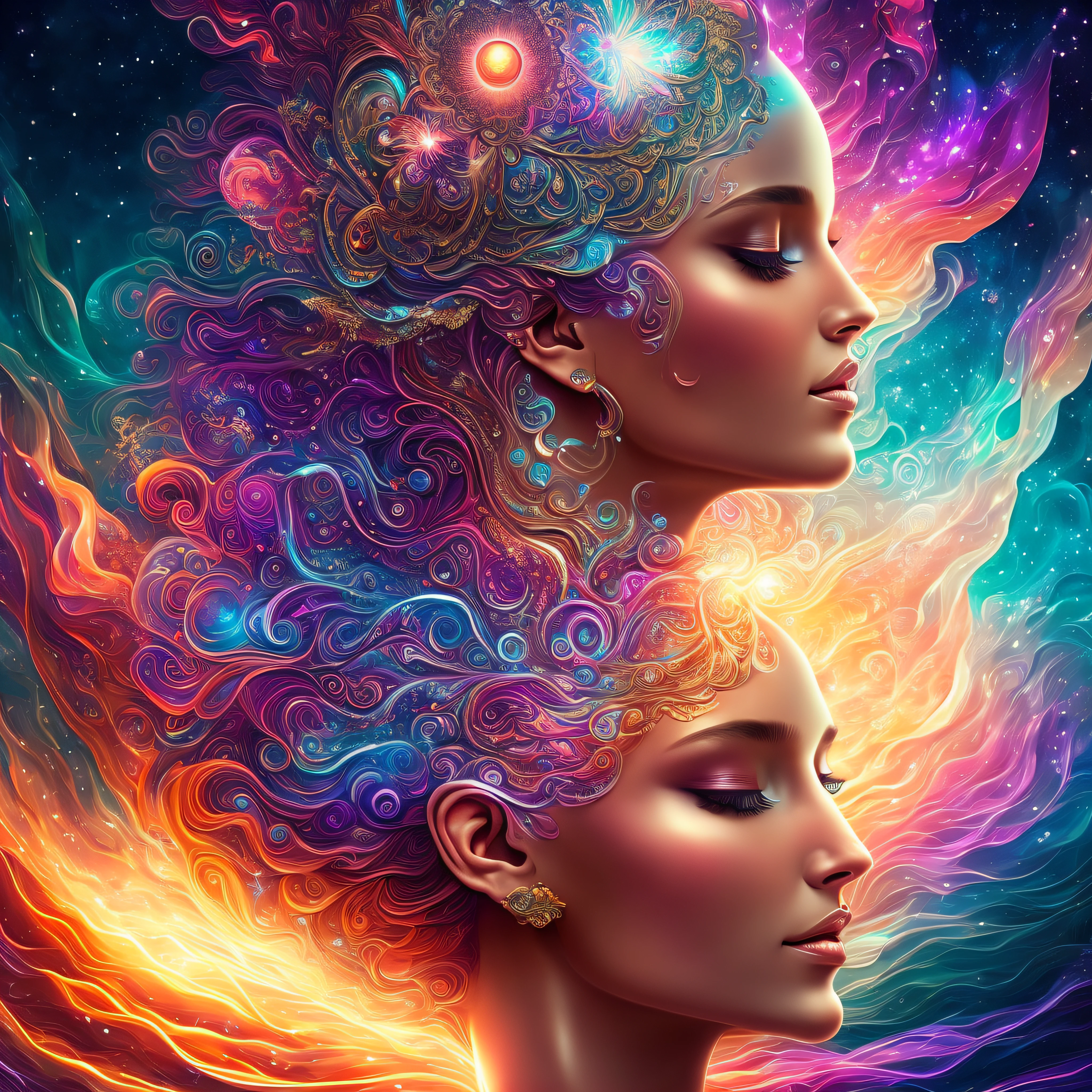 Plunge into the ether that flows with the eternal soul through the vibrations of love, Everything is connected, Flowing energy, spiritual, divine, Dreams, cosmic, concept-art, Blowing the Mind, Female beauty, god, Pineal gland, dreamlikeart