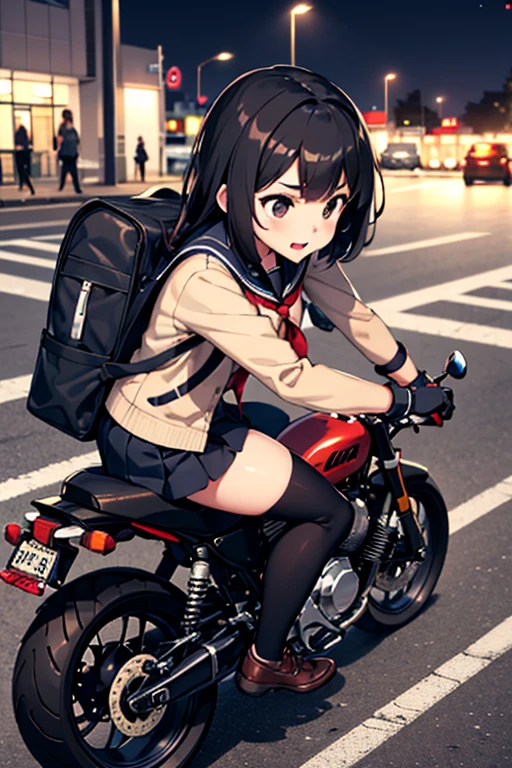 masterpiece, best quality, 1girl, solo, jacket, school uniform, serafuku, thighhighs, wearing gloves, wearing backpack, black hair, black eyes, cyberpunk, street, machinery, motor vehicle, motorcycle, panorama, wearing helmet, speed line, depth of field, motion blur, perspective, panorama, riding, floating hair, night, neon trim, hand on hand grip,