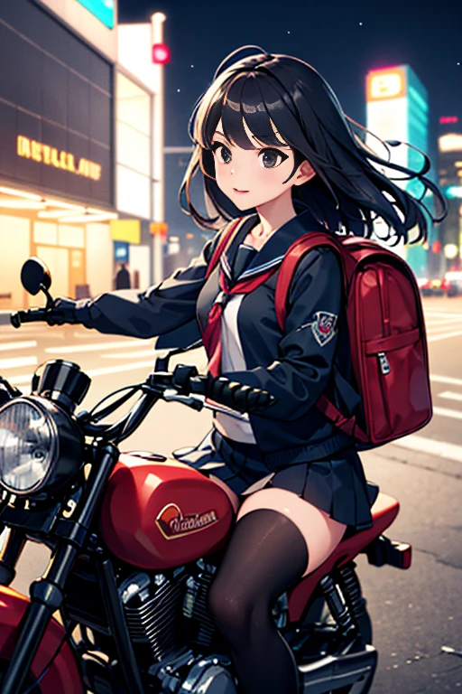 masterpiece, best quality, 1girl, solo, jacket, school uniform, serafuku, thighhighs, wearing gloves, wearing backpack, black hair, black eyes, cyberpunk, street, machinery, motor vehicle, motorcycle, panorama, wearing helmet, speed line, depth of field, motion blur, perspective, panorama, riding, floating hair, night, neon trim, hand on hand grip,