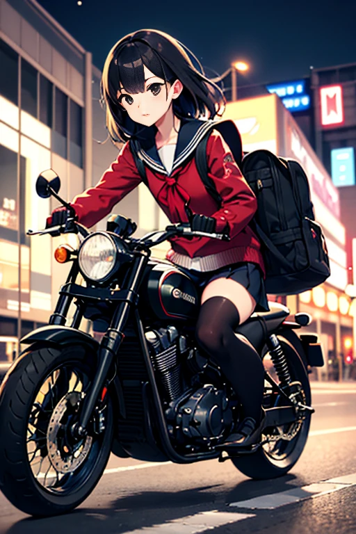 masterpiece, best quality, 1girl, solo, jacket, school uniform, serafuku, thighhighs, wearing gloves, wearing backpack, black hair, black eyes, cyberpunk, street, machinery, motor vehicle, motorcycle, panorama, wearing helmet, speed line, depth of field, motion blur, perspective, panorama, riding, floating hair, night, neon trim, hand on hand grip,