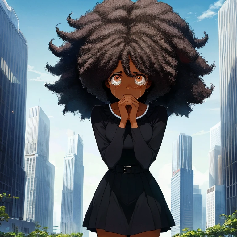 Skyscraper, black woman crying, deep thought, Afro, dawn,