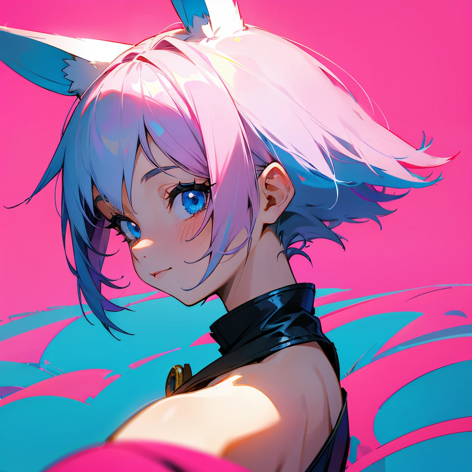 (Solo girl around 20 years old), (Pink bob hair), Blue eyes, Rabbit ears, happy, from behind