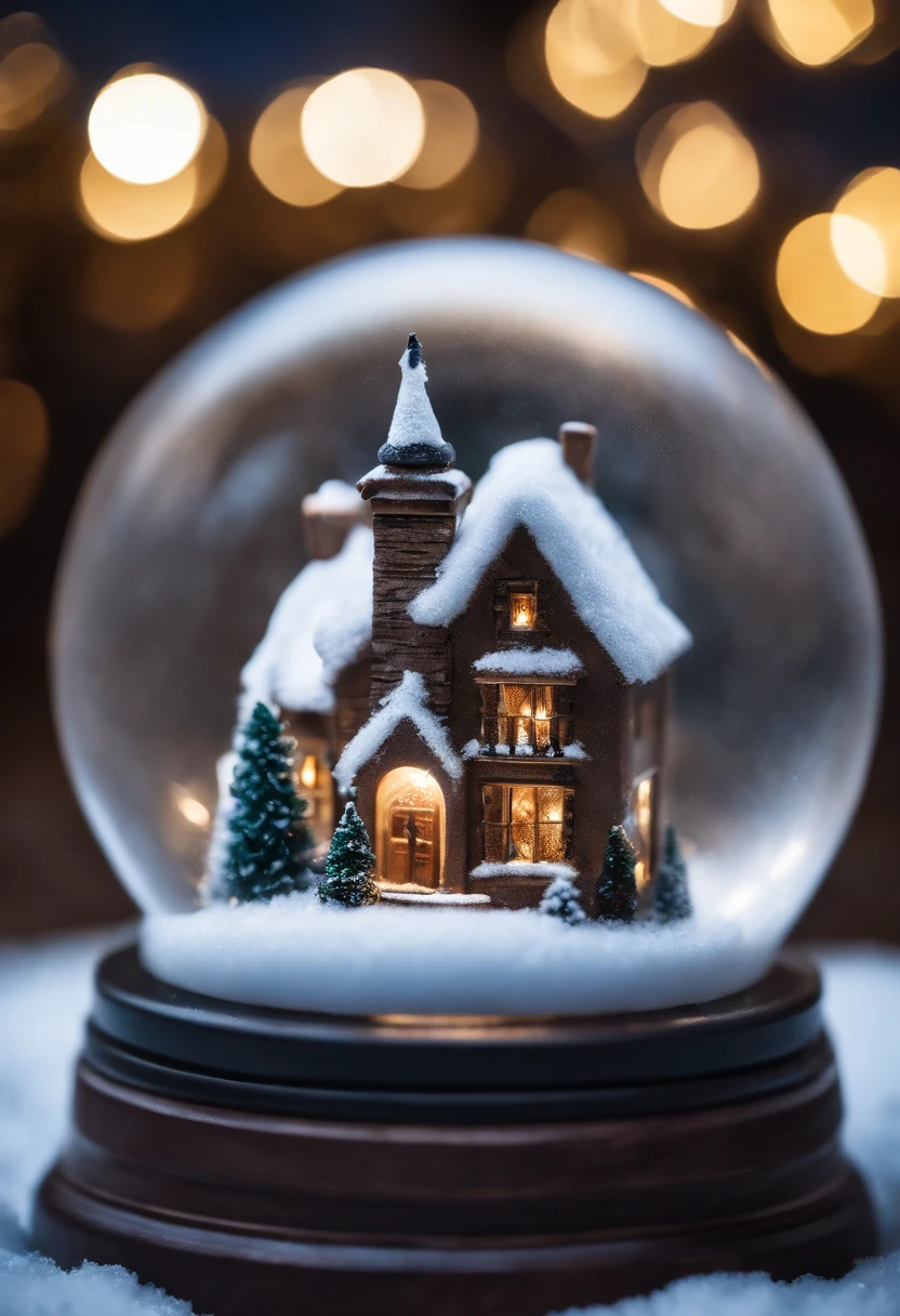 A frozen bubble snow globe resting on the snow showing a beautiful  cozy little village at night, macro shot, intricate detsil, focus on intricate snow globe