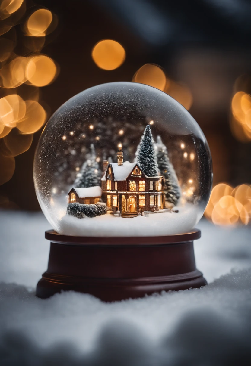 A frozen bubble snow globe resting on the snow showing a beautiful cozy little village at night, macro shot, intricate detsil, focus on intricate snow globe