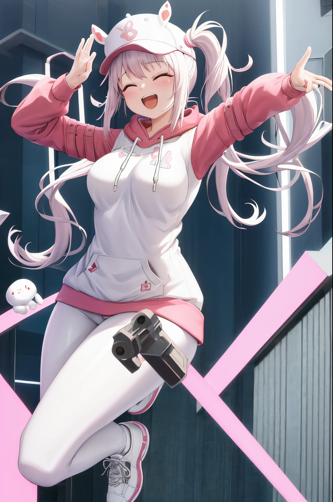 masutepiece, Best Quality, 1girl in, Solo, Standing, Cowboy Shot, :D, Open mouth, Closed eyes, nffsw, Laughing, Happy, Joy, Alice Bunny, Hoodie, hat, White leggings, Arms up, Floating Hair Ornaments, Bunny Pose, Very long hair, Twin-tailed
