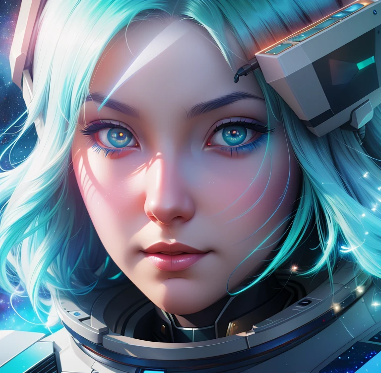 a close up of a woman with crystal eyes and blue green hair, portrait armored astronaut girl, fire and ice, queen of space and the cosmos, neoartcore and charlie bowater, portrait beautiful sci - fi girl, alice x. zhang, rossdraws digital painting, jen bartel, global illumination, 8k cinematic poster, volumetric lighting,