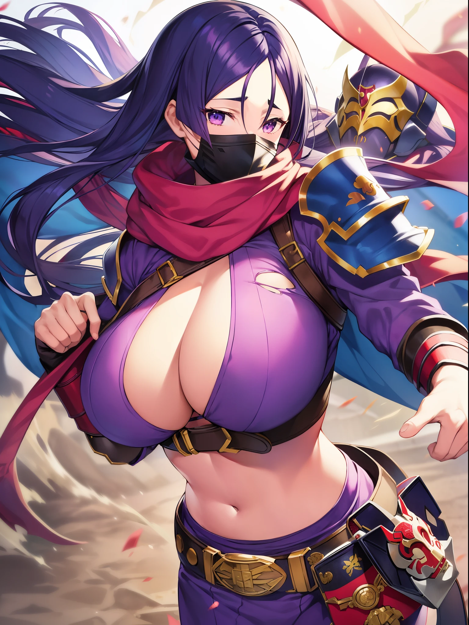 masutepiece,Best Quality,1girl in,minamoto no raikou \(Fate\),Serious,Huge breasts,Purple hair,Long hair,(Came:1.1),tokusatsu,(((Belt bag))),battle suits,Shoulder Armor,Headgear,(Mask:1.2),(covered mouth:1.2),Torn Cape,torn scarf,Fighting Pose,holding weapon,Wind,motion line,Motion Blur,