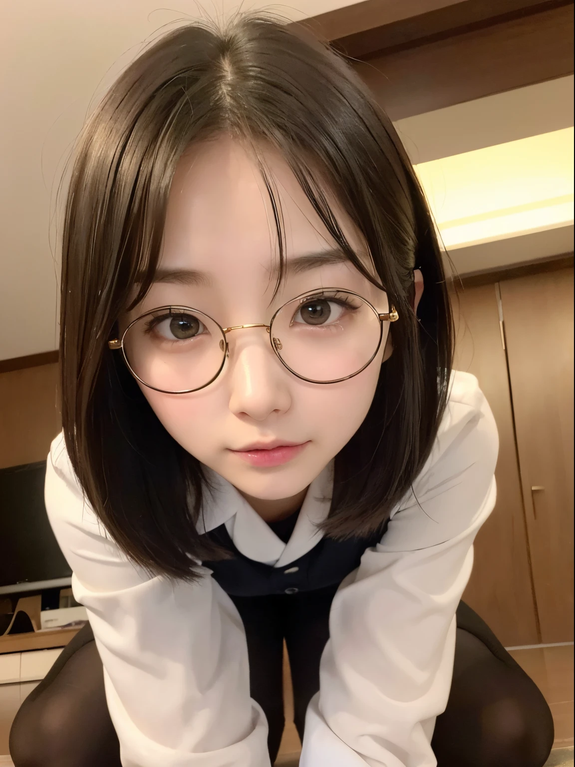(Best Quality, Ultra-detailed, Golden ratio, masutepiece:1.2), theatrical lighting:0.7, Photo of 18-year-old Riga Hyun Korean woman in uniform,Female Lesbian, face perfect, (highlydetailed skin), Randomly colored hair, Hide your mouth with your hands、Ridicule, Skin Texture, pale skin, Shiny skin, (slim, Large:1.2), [:(sharp focus on face, Perfect eyes:1.2):0.2], Photorealistic, Film grain, Put one foot forward、from below looking up、Looking at the camera、Focus on the face、Stockings、eye glasses、Smile with the corners of your mouth raised、disdainful expression