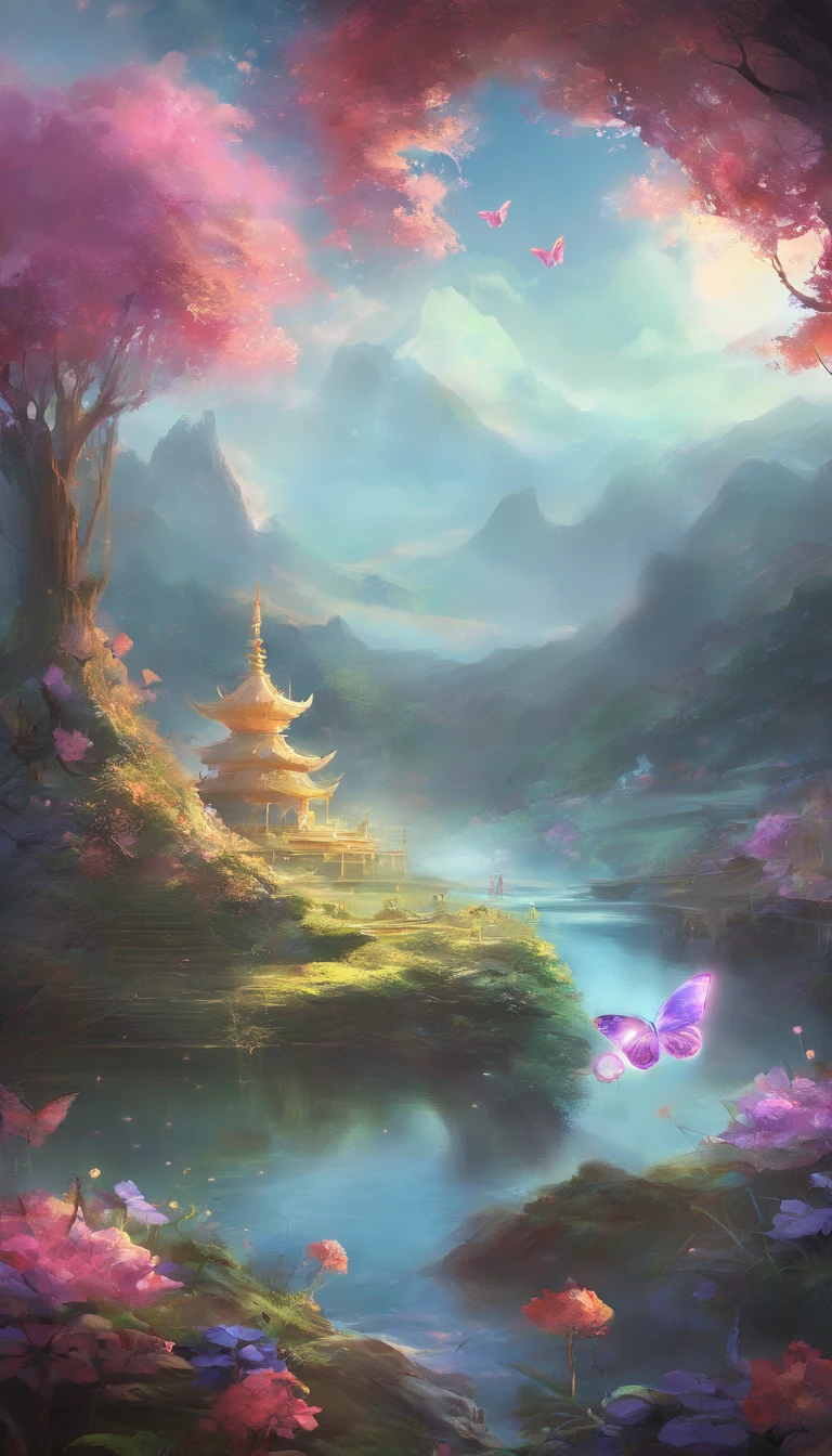 Beautiful energy art that gives power to those who see it。Landscape Images。butterflies dancing on the riverside。Fantastical。Dreamy。Fantasia。