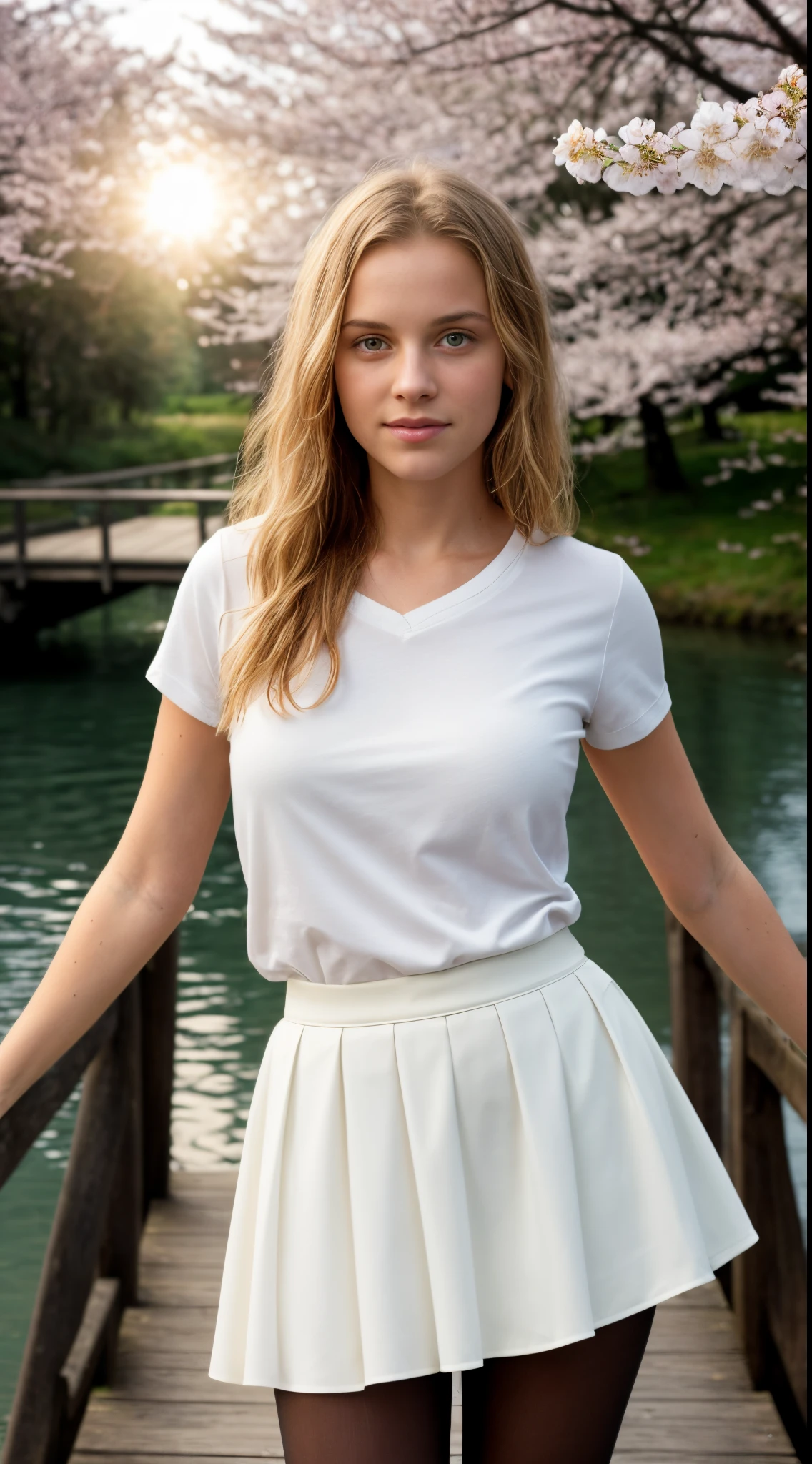-tee6 yearsh, (extremely white skin), blonde, small breasts, big eyes, long legs, close-up of thighs, wet t-shirt, formal skirt, pantyhose, park background, crossing a wooden bridge in the lake, tree, cherry blossom, sunrise, light through fabric, (realistic, photorealistic: 1.37), specular light, ray tracing, HDR