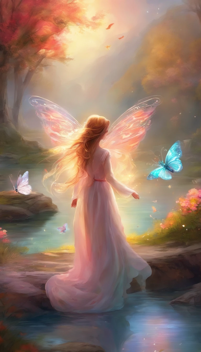 Beautiful energy art that gives power to those who see it。Landscape Images。butterflies dancing on the riverside。Fantastical。Dreamy。Fantasia。