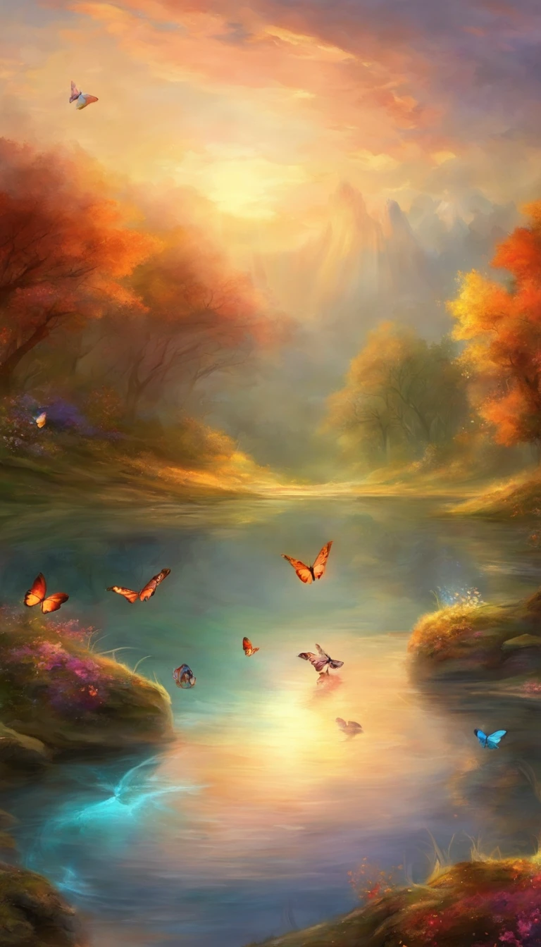 Beautiful energy art that gives power to those who see it。Landscape Images。butterflies dancing on the riverside。Fantastical。Dreamy。Fantasia。