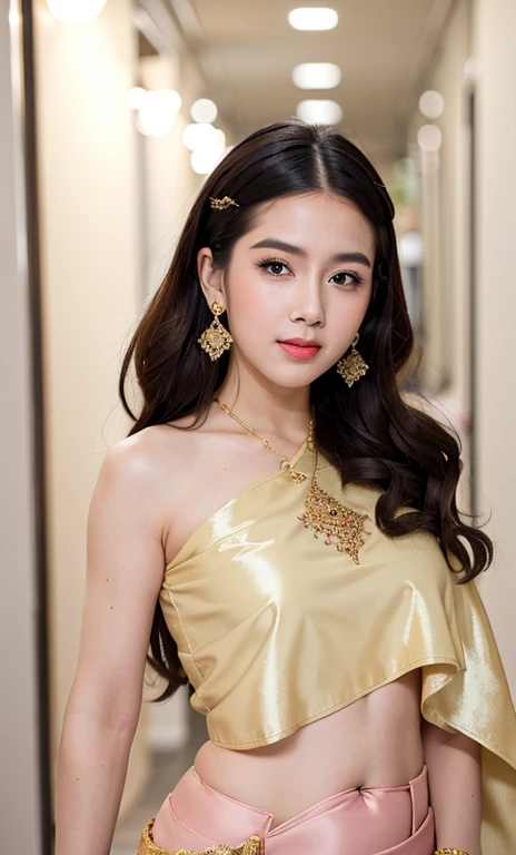 (10, raw photograph, Photoreallistic : 1,25), (lipgloss, Sil, gloss-face, oily shiny skin, beste-Qualit, ultra highres, deep depth of field, chromatic aberration, caustics, Wide Lighting, Show kindness by nature, K-Pop Idol) About the audience d&#39;un bonheur serein et divin, Princess look Moroccan ,large boobs, flat stomach, Revealing the belly, traditional Thai costume, Complete jewelry