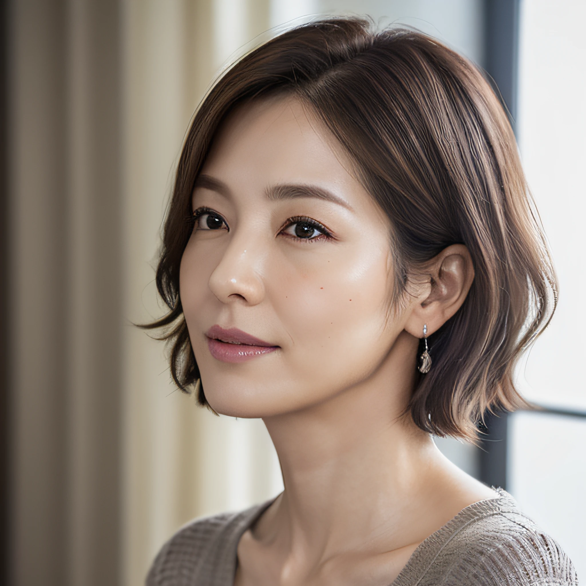 (8K, top-quality, masterpiece:1.3, 超A high resolution, A hyper-realistic), High Detail, (Face like the real thing), realisitic, Photorealsitic:1.37, Raw foto, ((one beautiful women)), Detailed face, beautidful eyes, realisticeyes, Eyes in Beautiful Details, (real looking skin), Beautiful skins, enticing, depth of fields, hight resolution, High pixel count, ((Sideways face, Looking away, Don't look your audience in the eye, Don't look at the camera)), fashionable cafe, The background is also in the picture, clear details, sharp photo, Natural color reproduction, Noise Reduction, High fidelity, Small pendant in silver color, A small necklace in silver color, (Wine-colored light knit U-neck shirt, Neat and clean clothing, Clothing that makes it difficult to see the chest, Clothing that makes it difficult to see the chest, Clothes with hidden breasts), small tits, Sexy lips, Ears are visible, a smile, kindly smile, Beautiful skins, enticing, the golden ratio, (Detal Face:1.2), profetional lighting, Lighting the face, best light, japanes, A Japanese Lady, Japan Mature Woman, a matural female, Short Bob Hair, ((sixty years old, Beautiful, Wrinkles on the face, Wrinkles at the corners of the eyes, Nasolabial fold wrinkles, Small wrinkles, Beautiful, Beautiful Aunt, Moderate moles, Small mole on the face)), The whole picture, Overall photo, Photo from the waist up